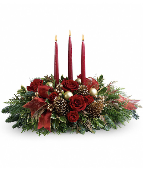 Red & Gold Holiday Centerpiece with Candles & Pinecones