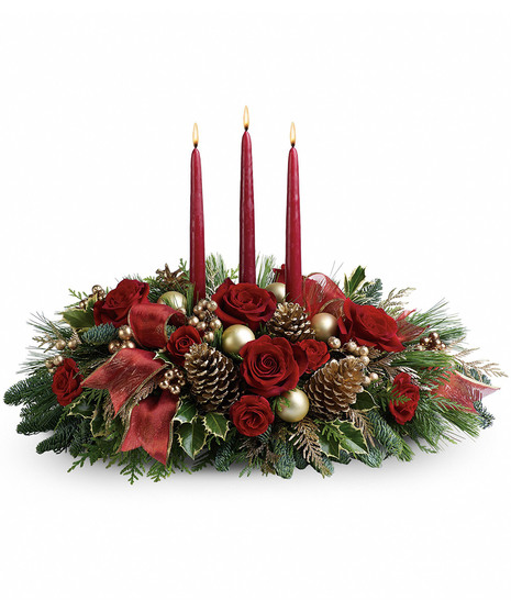 Red & Gold Holiday Centerpiece with Candles & Pinecones