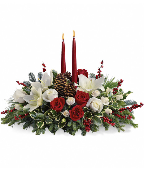 Oblong Centerpiece - Red Roses, White Lilies