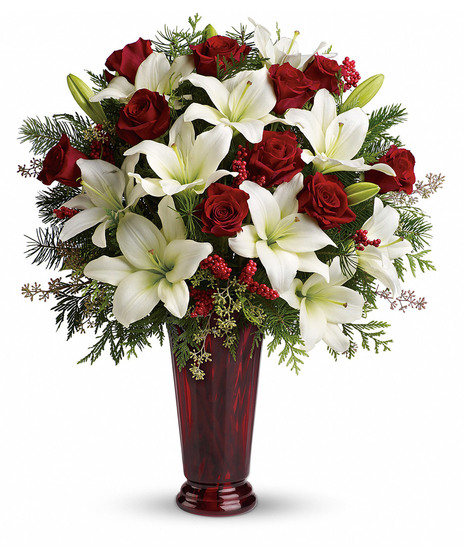 Lush Vase Arrangement of Red Roses & White Lilies over Christmas Greens