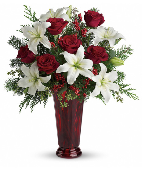 Lush Vase Arrangement of Red Roses & White Lilies over Christmas Greens