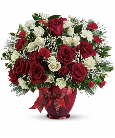 Roses & Carnations - Red & White Christmas Arrangement