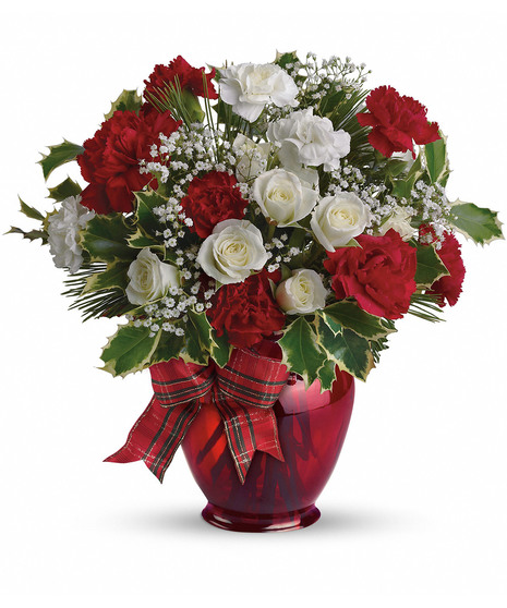 Roses & Carnations - Red & White Christmas Arrangement