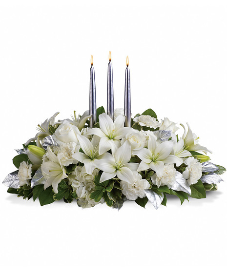 Traditional Centerpieces of White Lilies & Roses with Silver Accents 