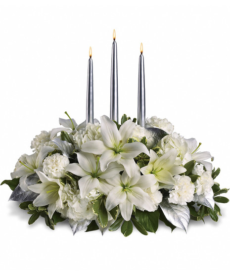 Traditional Centerpieces of White Lilies & Roses with Silver Accents 